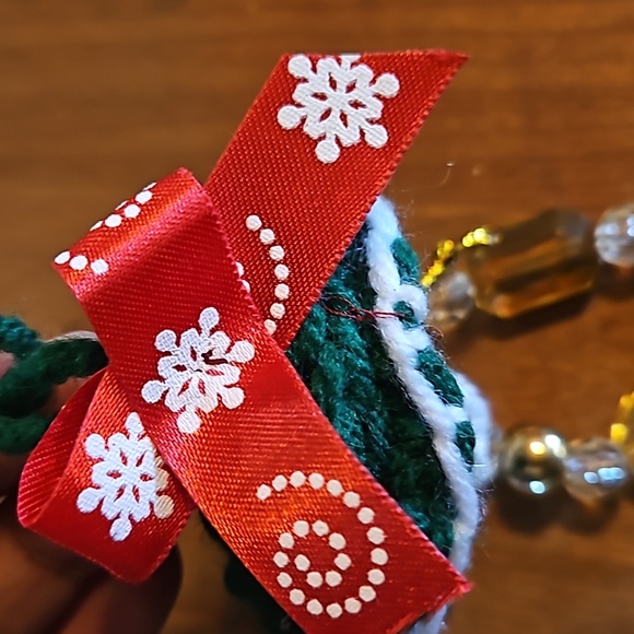HAND CRAFTED crochet ornament holiday decor Handmade Upcycled materials green 7" - Picture 6 of 17